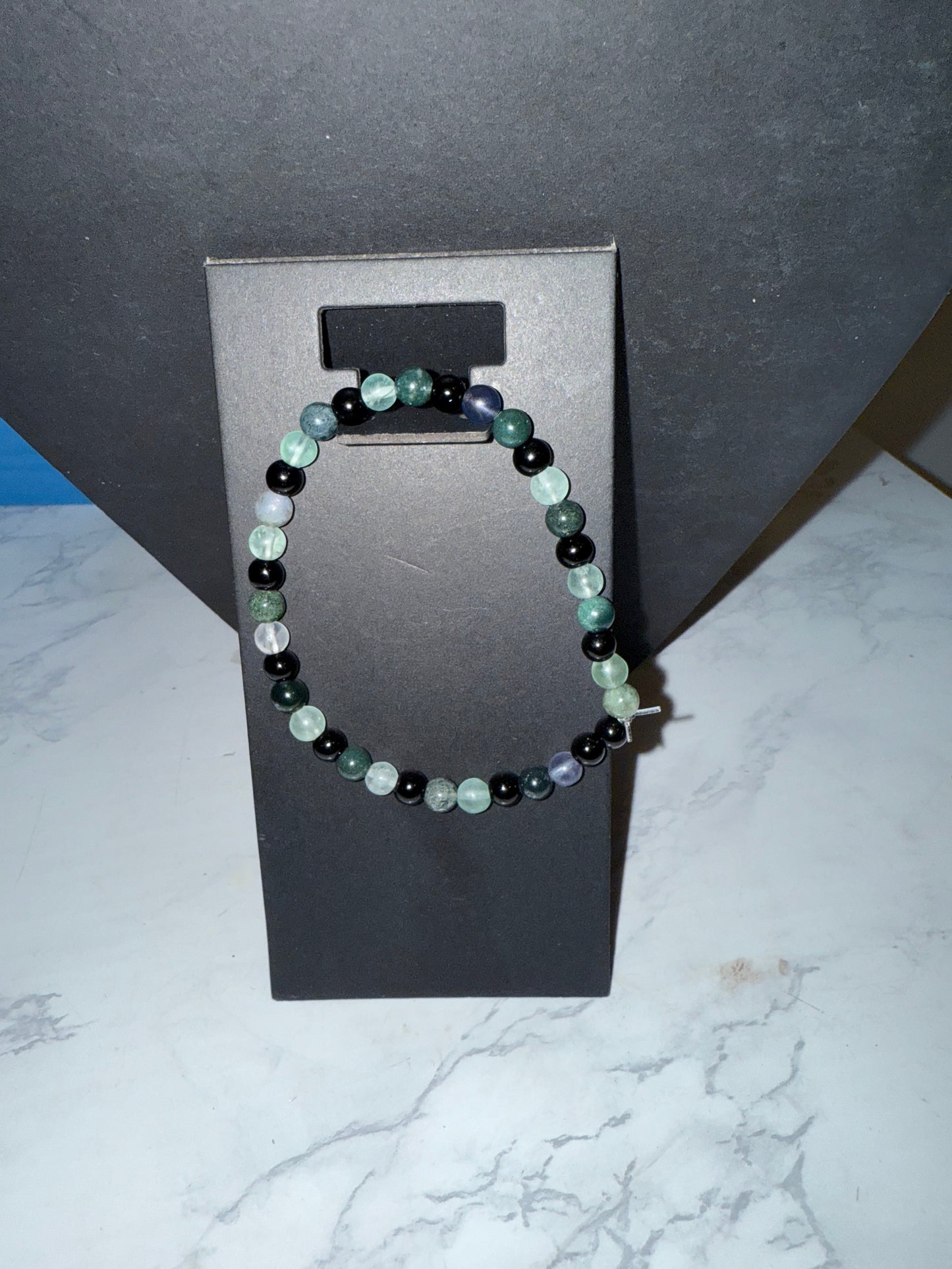 Flourite and moss agate beaded bracelet