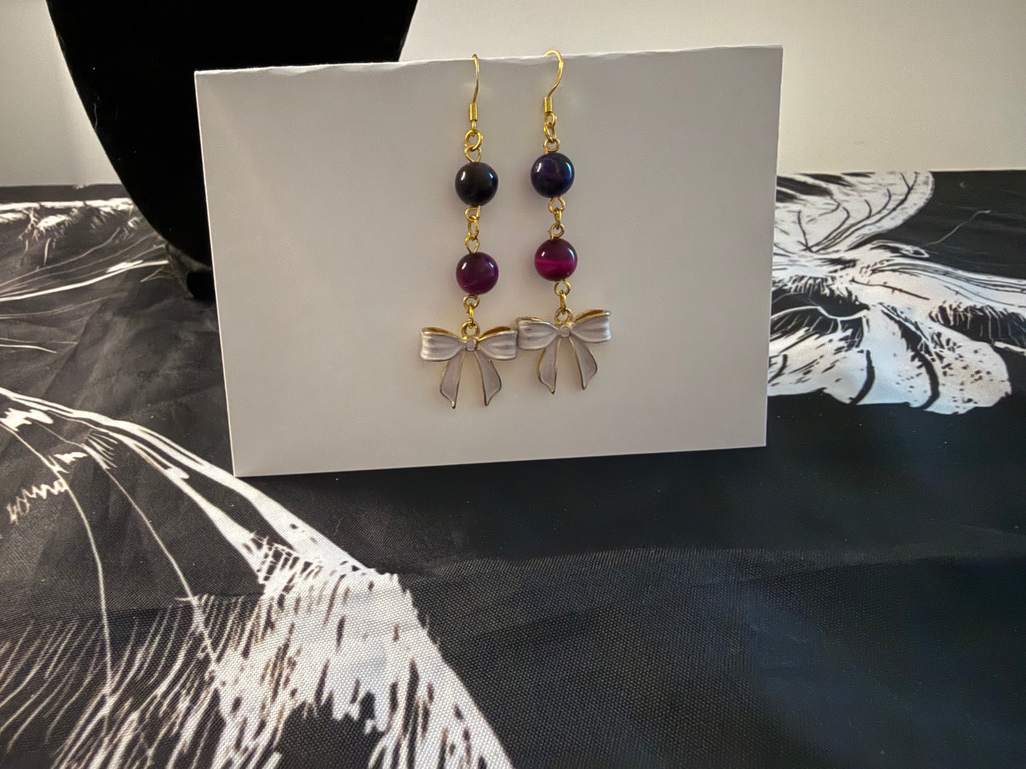 White Bow earrings with Pink and purple tiger's eye