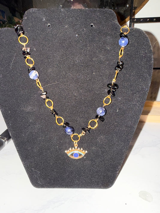 Sodalite and Obsidian evil eye necklace